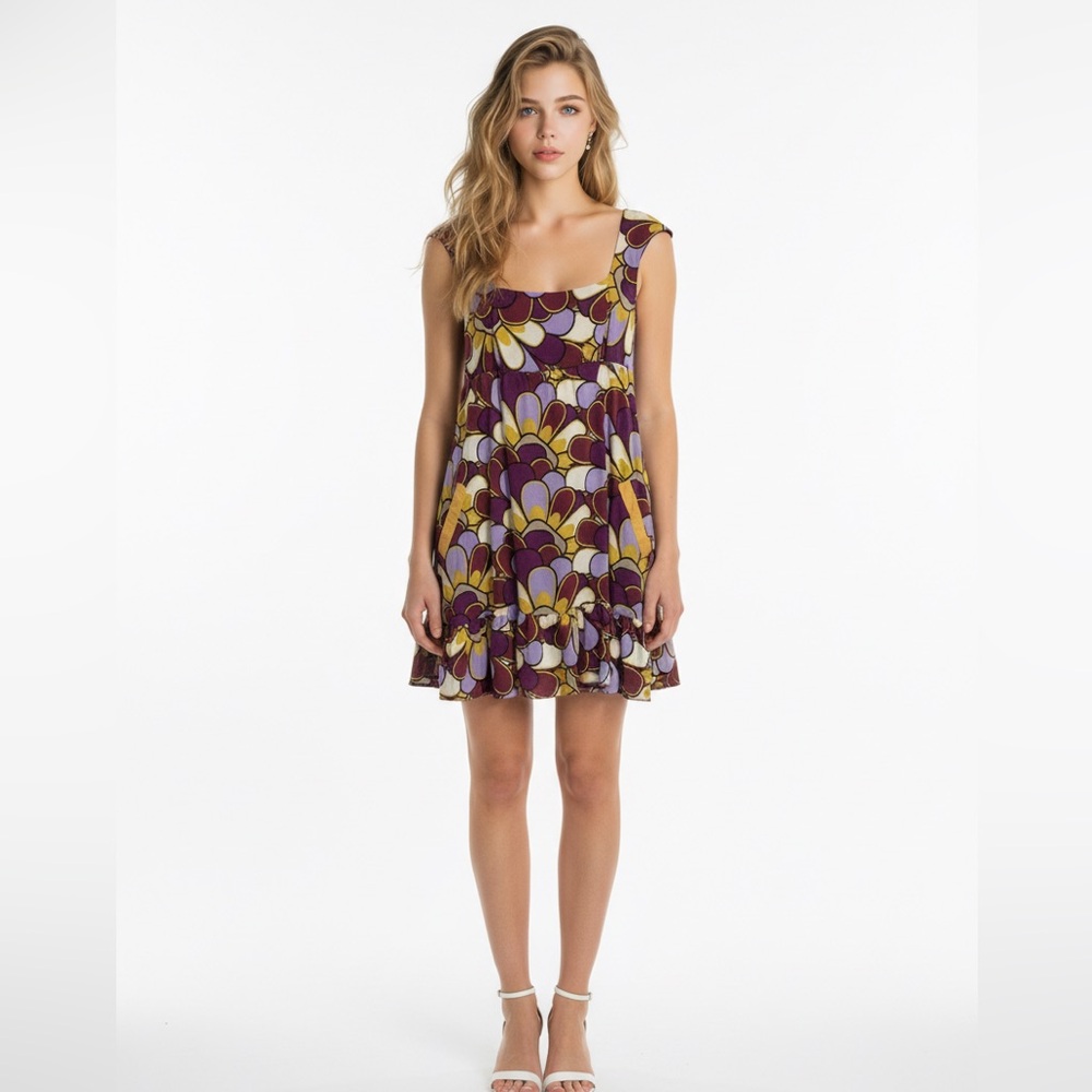 Vintage 70s Style Psychedelic Floral Dress Purple & Mustard Pockets Empire Waist